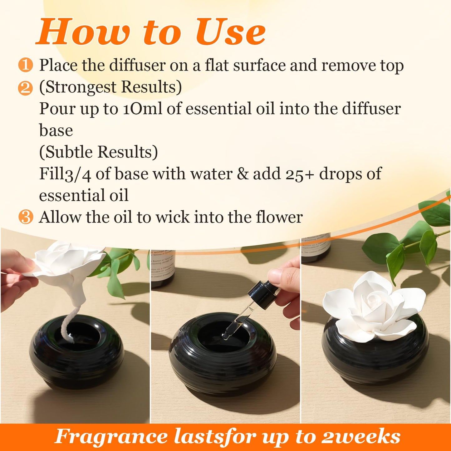 Honeydak 1 Pcs Reedless Ceramic Diffuser Set, Porcelain White Flower Aromatherapy Essential Oil Diffuser for Home Office Bathroom Tabletop Decor, Non-Electric, Valentines Day Gift (Camellia)