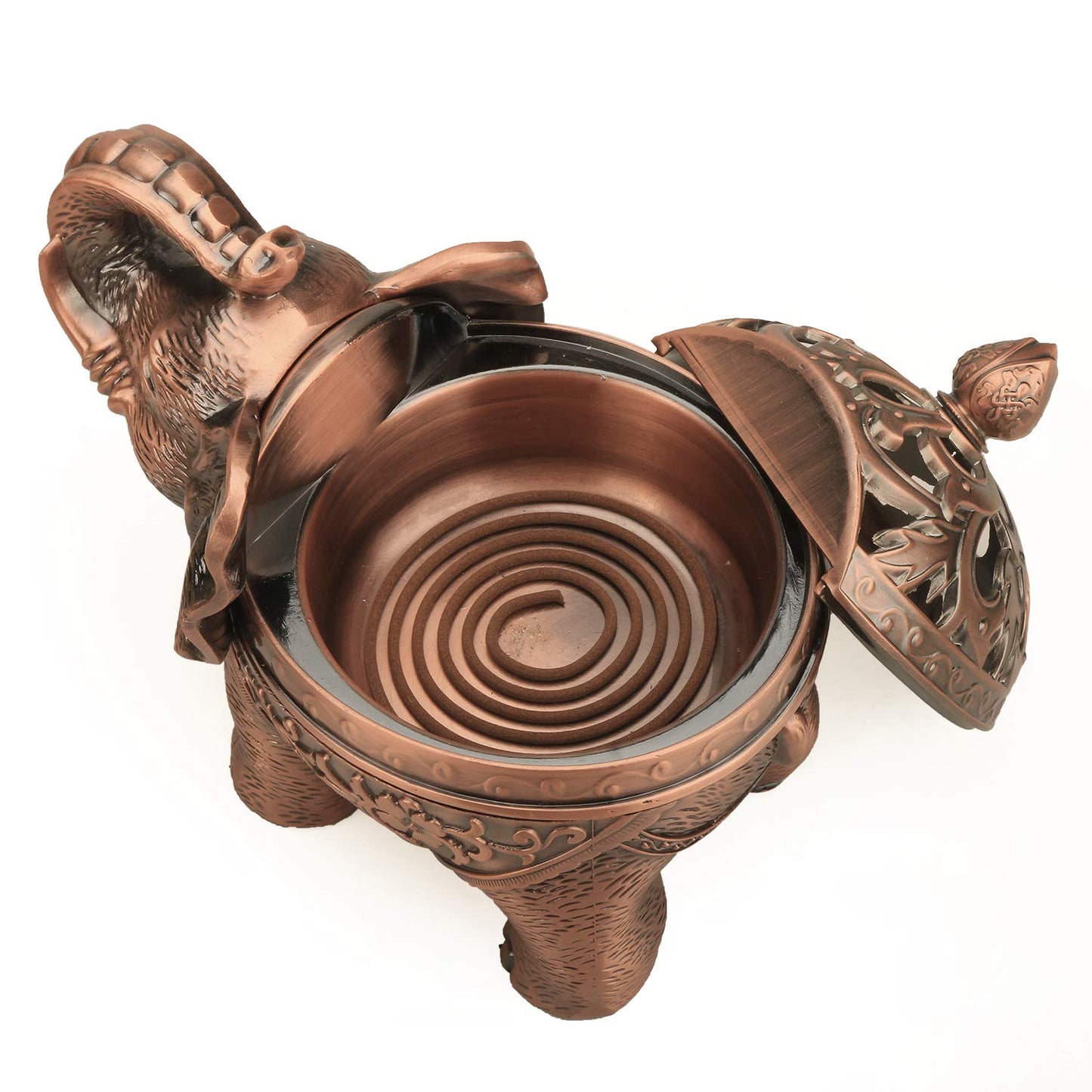 K COOL Alloy Incense Holder Stand Elephant Cone Coil Incense Burner Ash Catcher with Lid, Aromatherapy Ornament Home Decoration for Indoor Outdoor (Red Copper)
