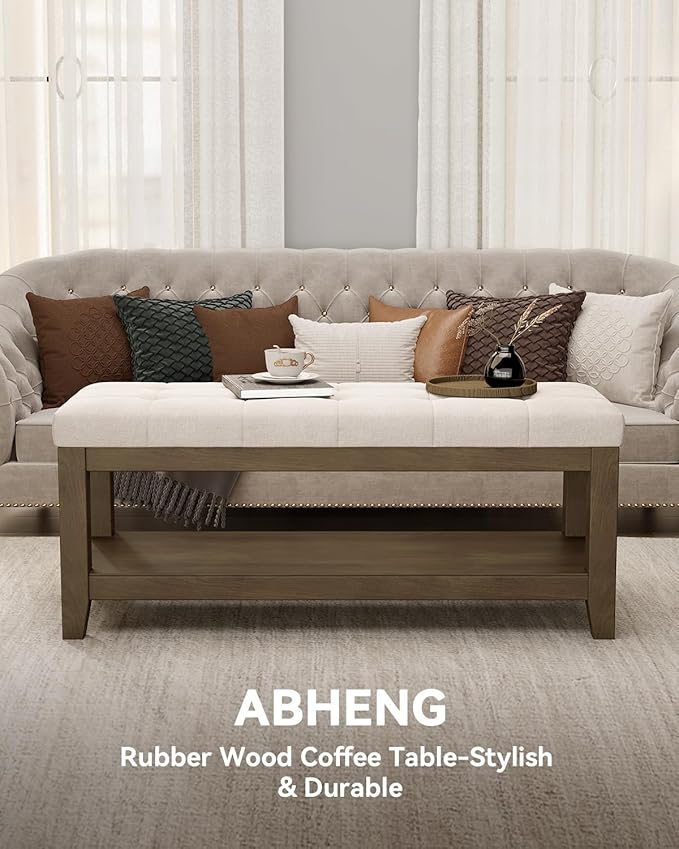 ABHENG Solid Rubber Wood Shoe Bench, Soft Chenille Material Upholstered Seat
