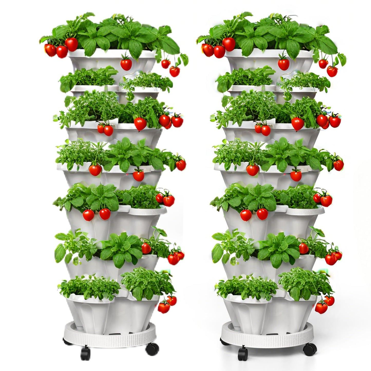 Lykvrii 7 Tiered Strawberry Planters 2 Pack, Vertical Stackable Planter, Herb Stacking Tower Garden, Flower and Vegetable Planters with Support Pole Indoor & Outdoor with Removable Wheels - White