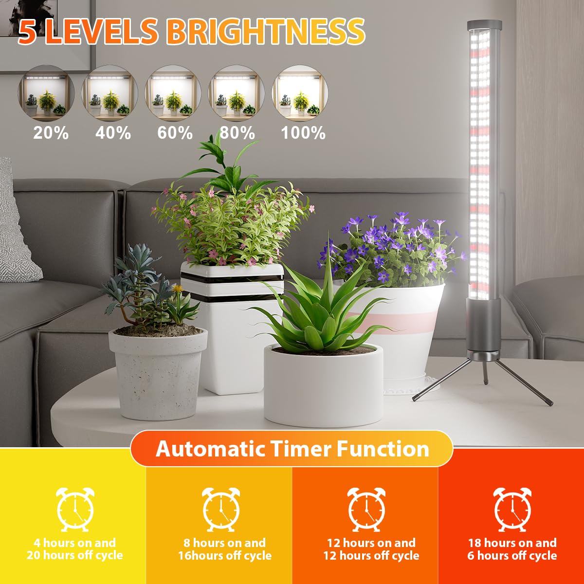 AWLYLNLL 2 Pack Grow Lights for Indoor Plant, 6000K T10 Vertical Standing LED Full Spectrum Plant Lights for Indoor Growing, 5-Level Dimmable, Auto On Off Timing 4/8/12/18Hrs,18.9‘’ Height