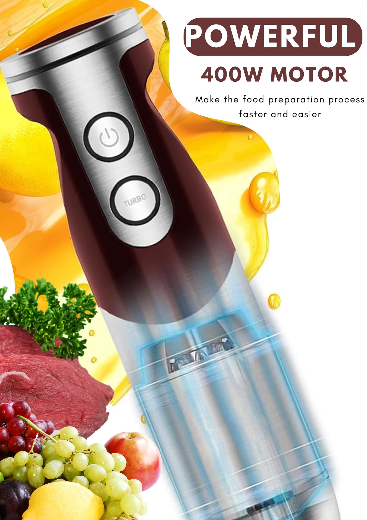 MegaWise Pro Titanium Reinforced 3-in-1 Immersion Corded Hand Blender, Powerful MOTOR with 80% Sharper Blades, 12-Speed Corded Blender, IncludingWhisk and Milk Frother (3-in 1 Red)