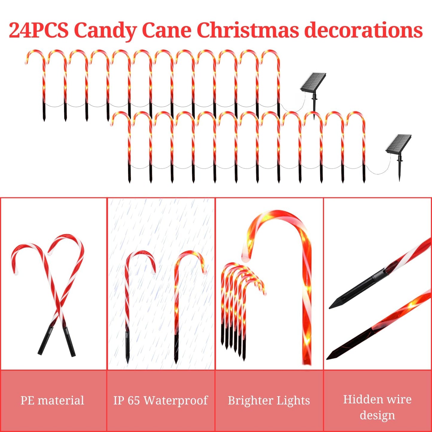 IDEAALS 24-Pack Solar Christmas Candy Cane Lights, Solar Pathway Lights Waterproof, Christmas Decorations Outdoor with 8 Modes for Party Patio Garden Lawn Yard Decor
