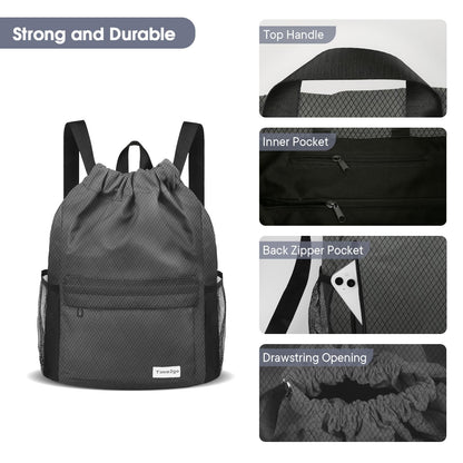 time2go Waterproof Drawstring Backpack Sports Gym Sackpack with Mesh Pockets Water-Resistant String Cinch Beach Bag for Men Women