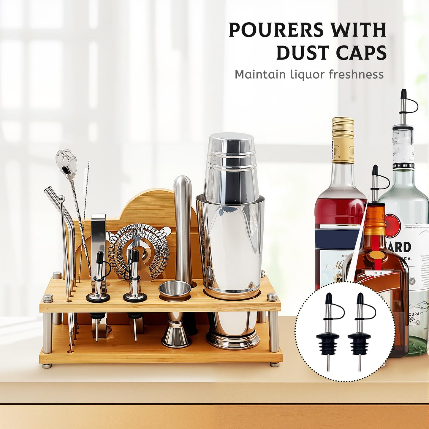 Daily Treasures Professional Cocktail Shakers Set with Bamboo Display Stand & Margarita Salt Rimmer,16-Piece Bartender Kit for Home Bar,825ml / 28oz Boston Shaker, Mixology Bartender Kit Bar Tool Set