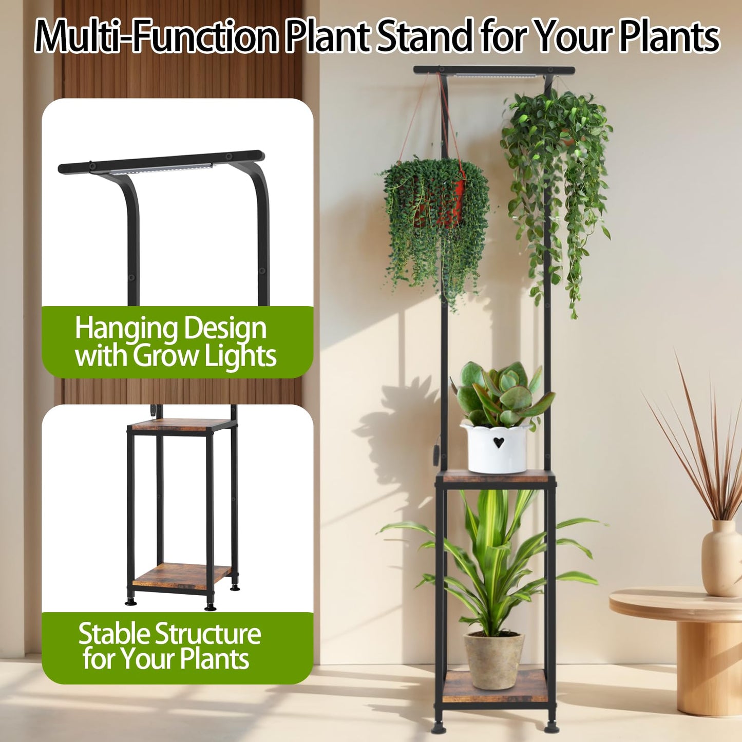 LAIDUOLEOE Plant Stand Indoor with Grow Light, 2 Pack Hanging Plant Stand Plant Shelf Indoor, 65'' Tall Plant Stands Plant Holders for Indoor Plants, Living Room, Bedroom, Balcony