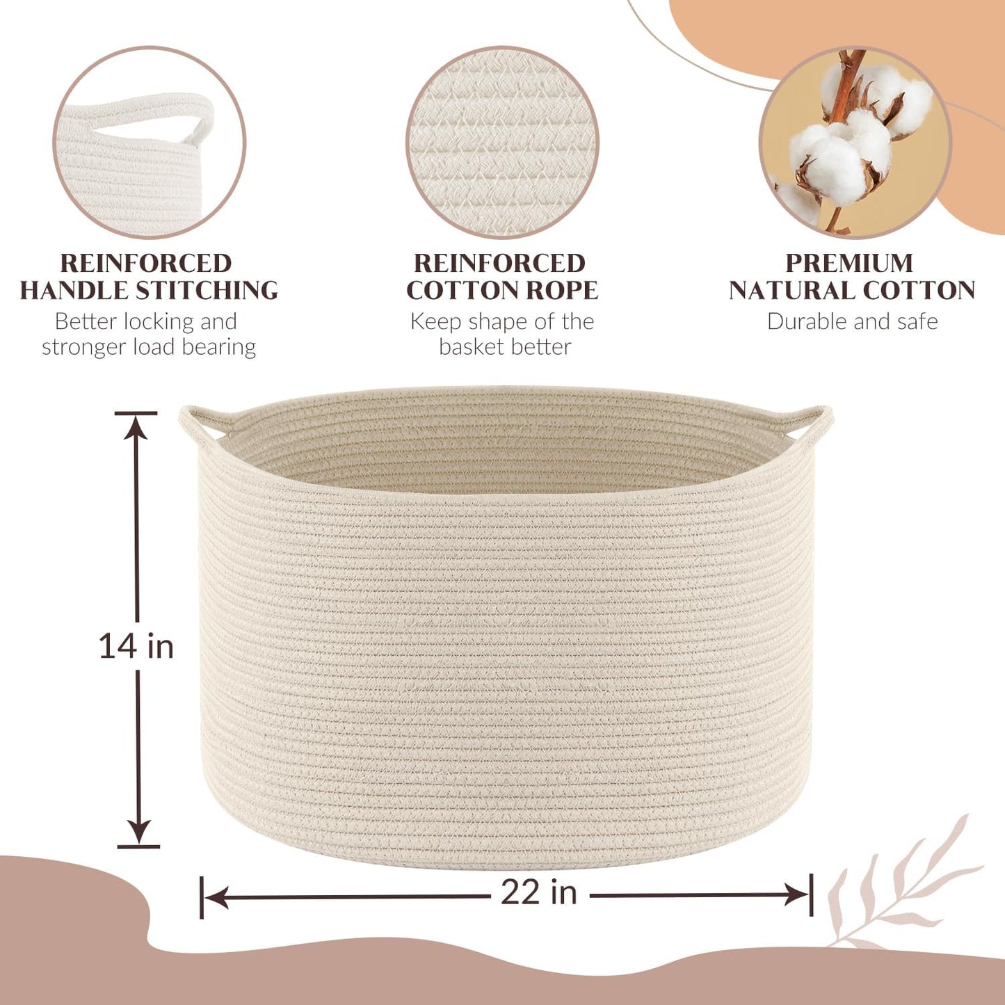 Maliton Extra Large Blanket Basket, Big Woven Cotton Rope Bin for Toys Towels, Pillow Basket with Handles, 22" x 22" x 14" Nursery Laundry Hamper, White Large Storage