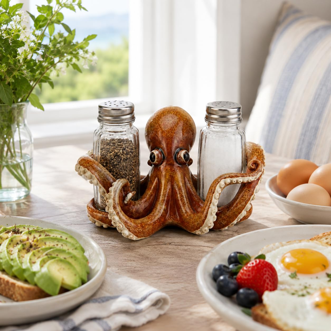 Comfy Hour Decorative Octopus Salt and Pepper Shaker Duo, Artisan Crafted Coastal Sea Life Figurine Holder for Kitchen Tabletop, Includes 2-Count Glass Bottles, 6.1"L x 4.3"W x 3.5"H, Brown Resin