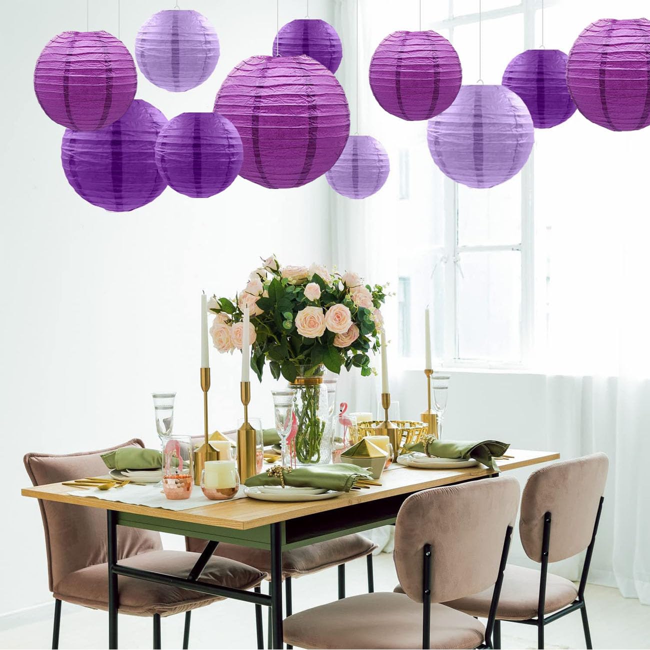 SIPRKAICT Purple Paper Lanterns Party Decorations,12pcs Hanging Paper Lantern for Engagement Bachelorette Wedding Baby Bridal Purple Birthday Decorations