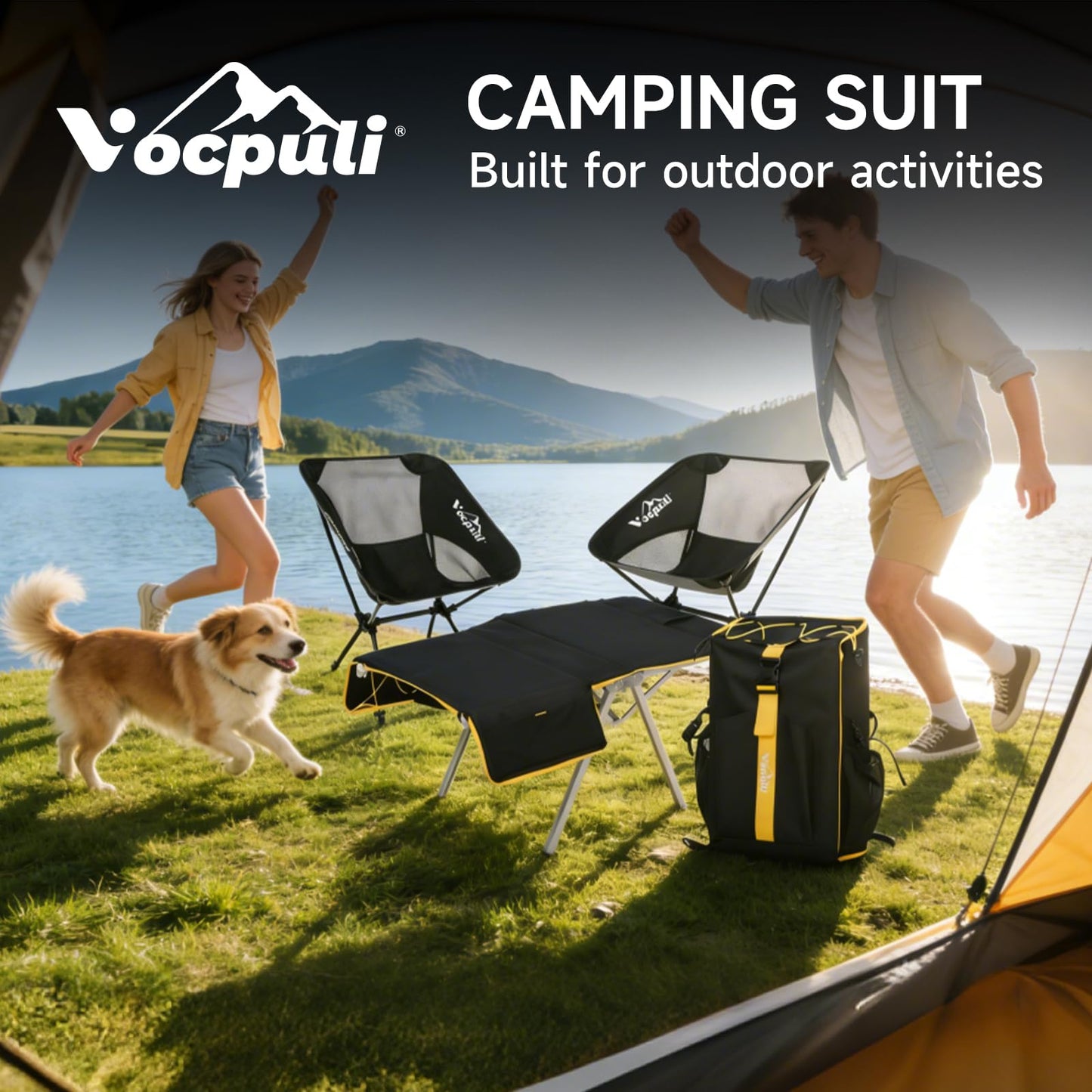 Vocpuli Camping Backpack - Aviation Aluminum Table Frame + 2 Folding Camping Chairs,+ Convertible Backpack Tabletop, Quick Setup&Portable,Camping Gear,Gifts for Camping, Picnic, Beach (Black)