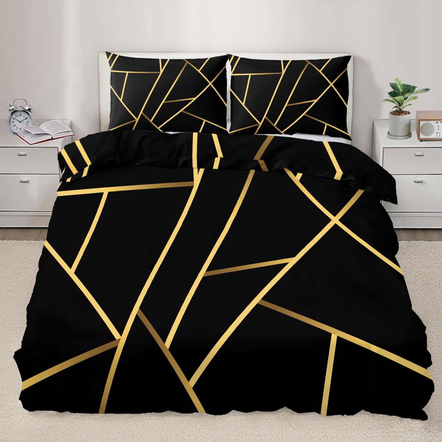 ZAOMIR Geometric Duvet Cover Twin Size, Abstract Modern Geometric Stripes Bedding Set 3 Piece, Black Gold Geometry Lines Patterned Comforter Cover with Zipper Soft Microfiber, 2 Pillowcases