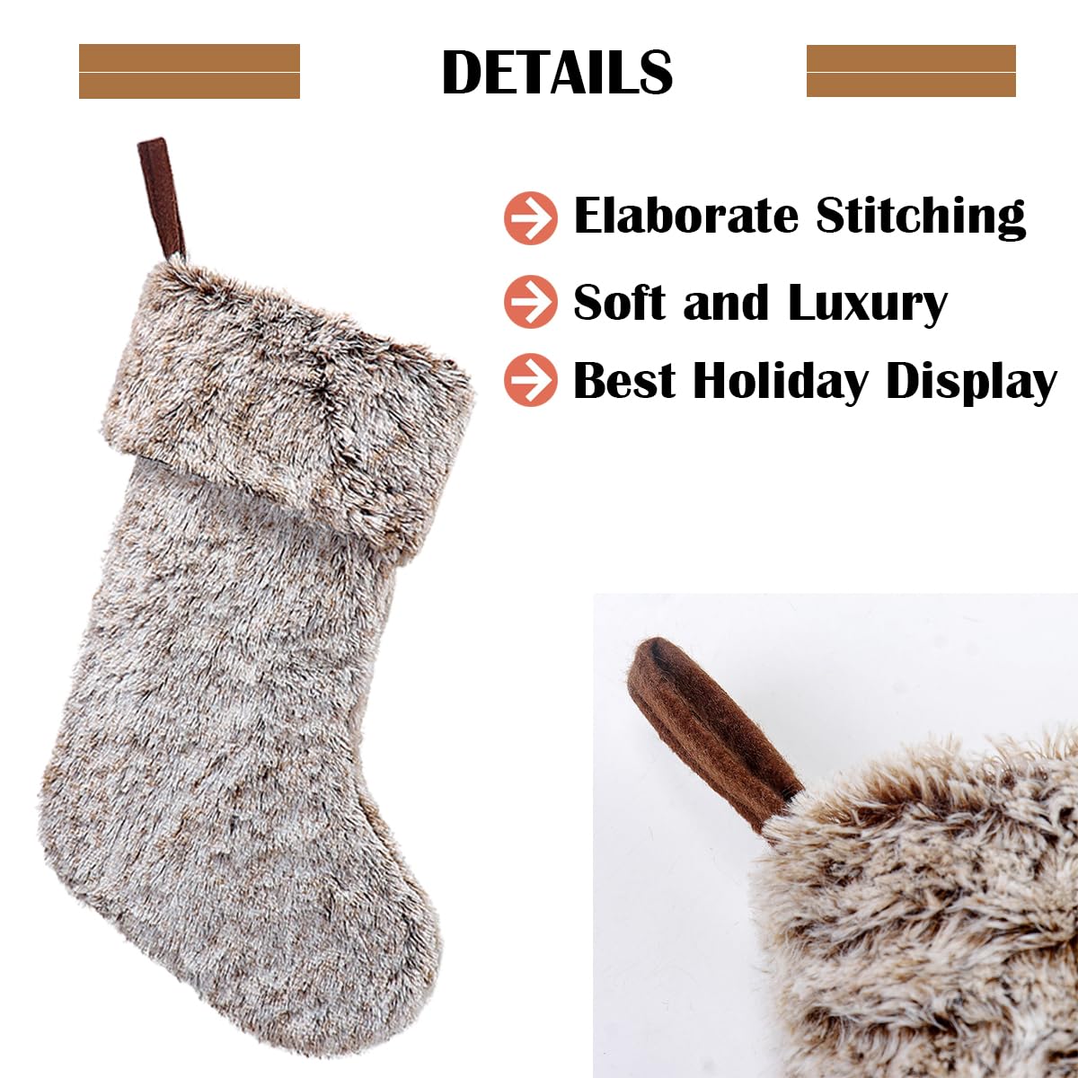 GMOEGEFT Christmas Stocking 20 Inches Brown Plush Faux Fur Xmas Tree Holiday Decorations