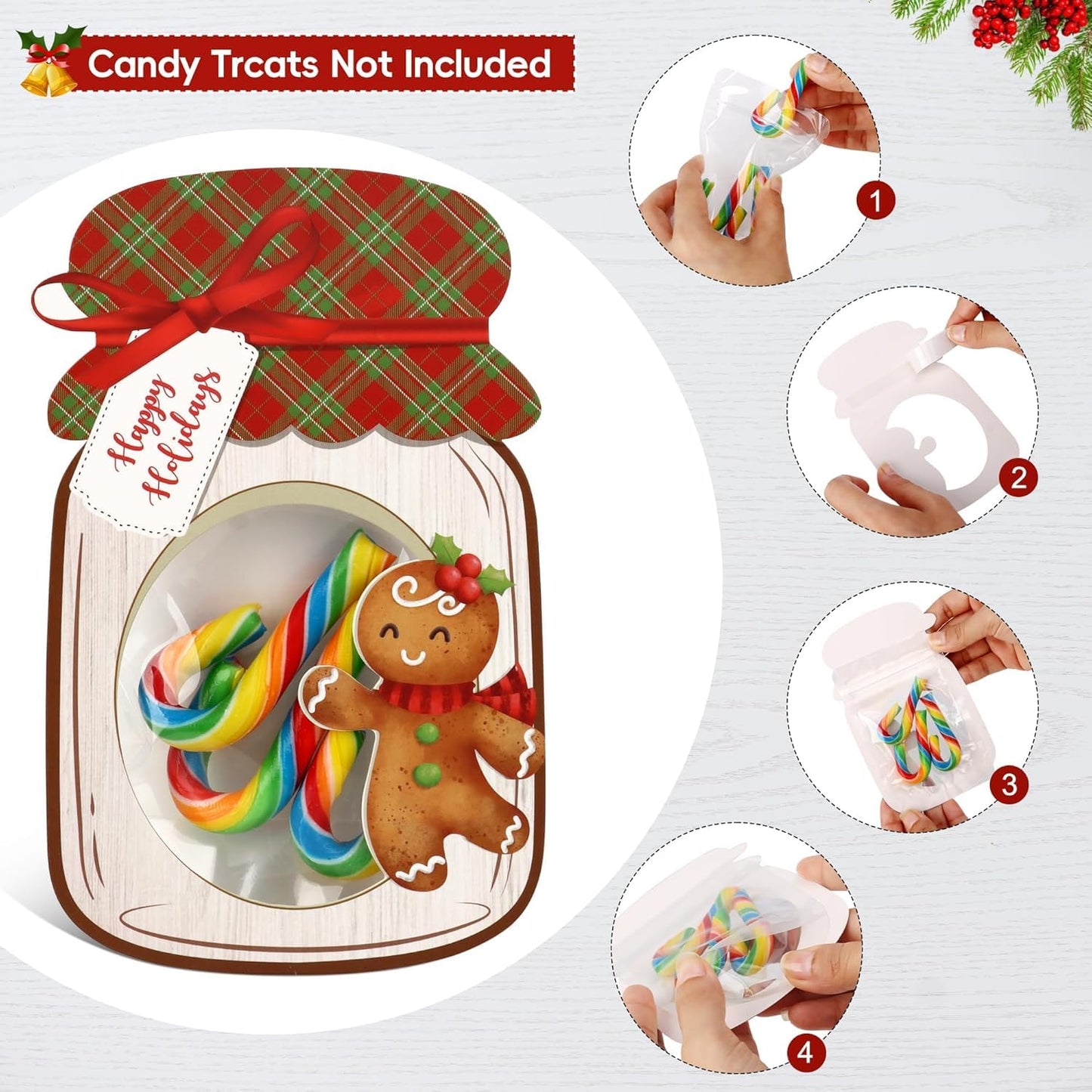 Giiffu Christmas Treat Bags with Cards 48-Pack, Mason Jar Goodie Bag for Kids, DIY Candy Holder for School Classroom Gift Exchange, Bulk Party Favors & Stocking Stuffers