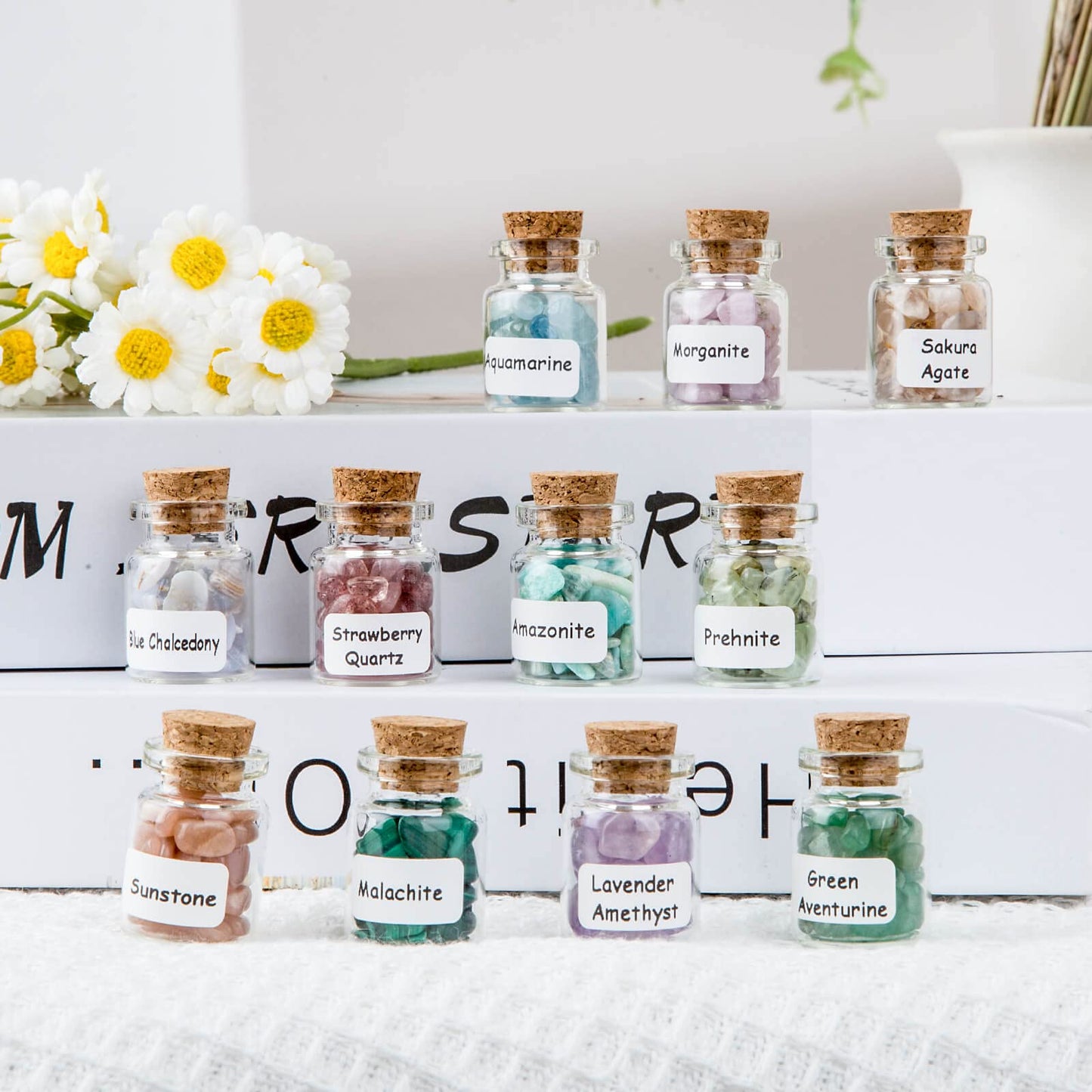 Crystal Chips Gemstone Bottles Set of Different Mini Crystals for Spell Jars, Healing Crystals for Witchcraft in Vintage Box, Chakra Crystals and Healing Stones Set Witch Gifts Witchcraft Supplies
