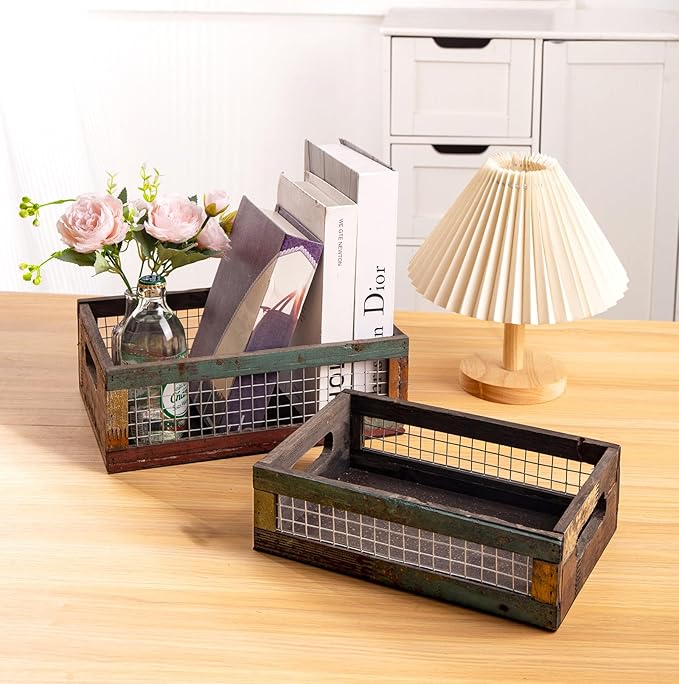 TIMRIS Set of 2 Rustic Wooden Countertop Baskets, Farmhouse Distressed Nesting
