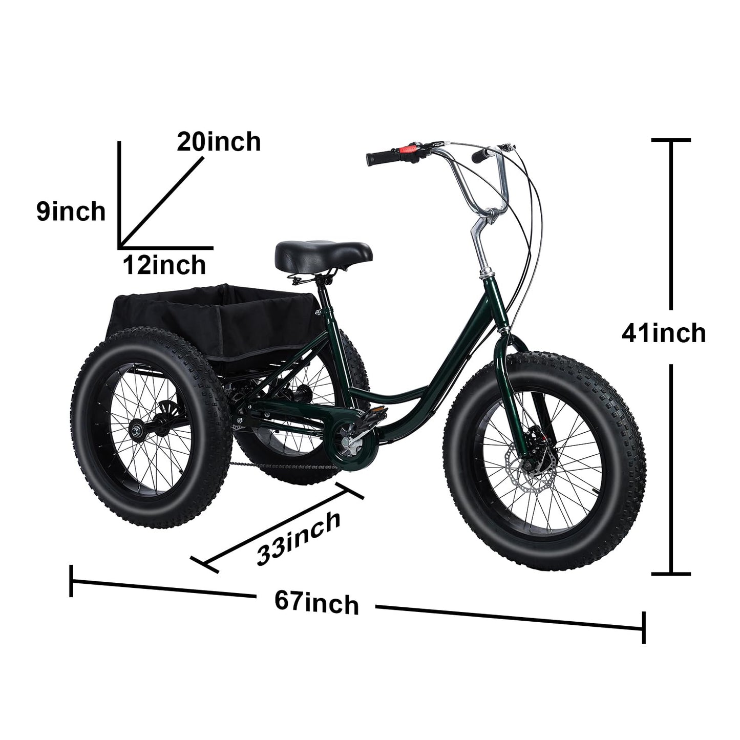 Maixhae Tricycle for Adults, Fat Tire 3 Wheel Bike with 7 Speeds, 450lbs Capacity, 20 Inch All-Terrain Trike, Dual Disc Brakes, Adjustable Seat & Large Rear Basket (Black)