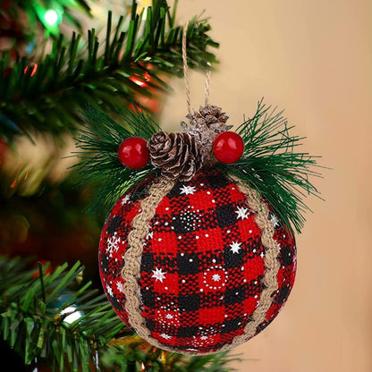 Iceyyyy 9PCS Christmas Plaid Ball Ornaments - 2 Inch Black & Red Buffalo Plaid Fabric Ball Ornaments with Pine Cones and Greenery, Plaid Christmas Tree Hanging Balls Ornament Festive Decoration