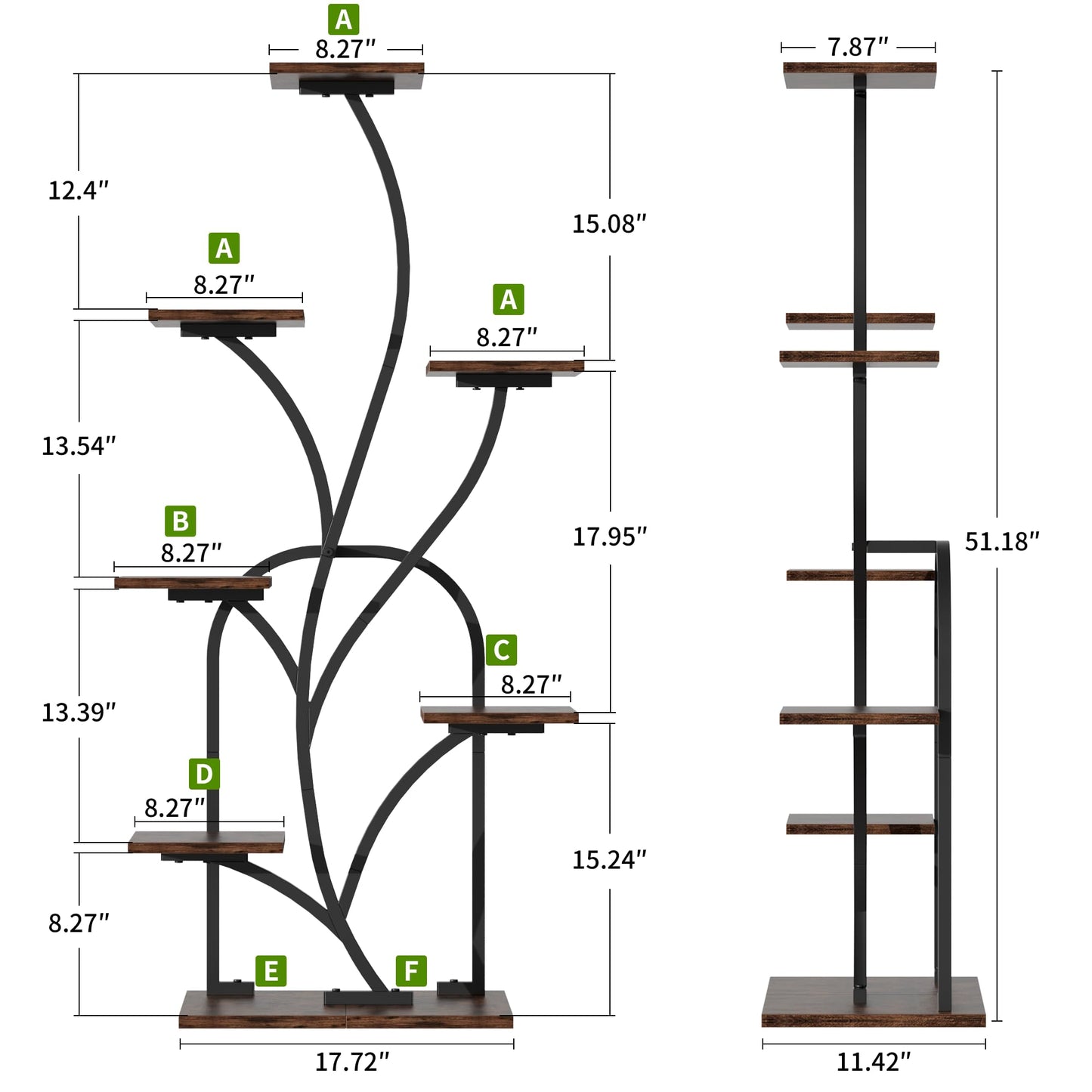 BEVAURORA Plant Stand Indoor with Grow Lights - 51" Tall Plant Stand, Corner Plant Shelf for Indoor Plants, 8 Tiered Lighted Flower Holder, Vase-shaped Plant Rack for Home, Black & Brown