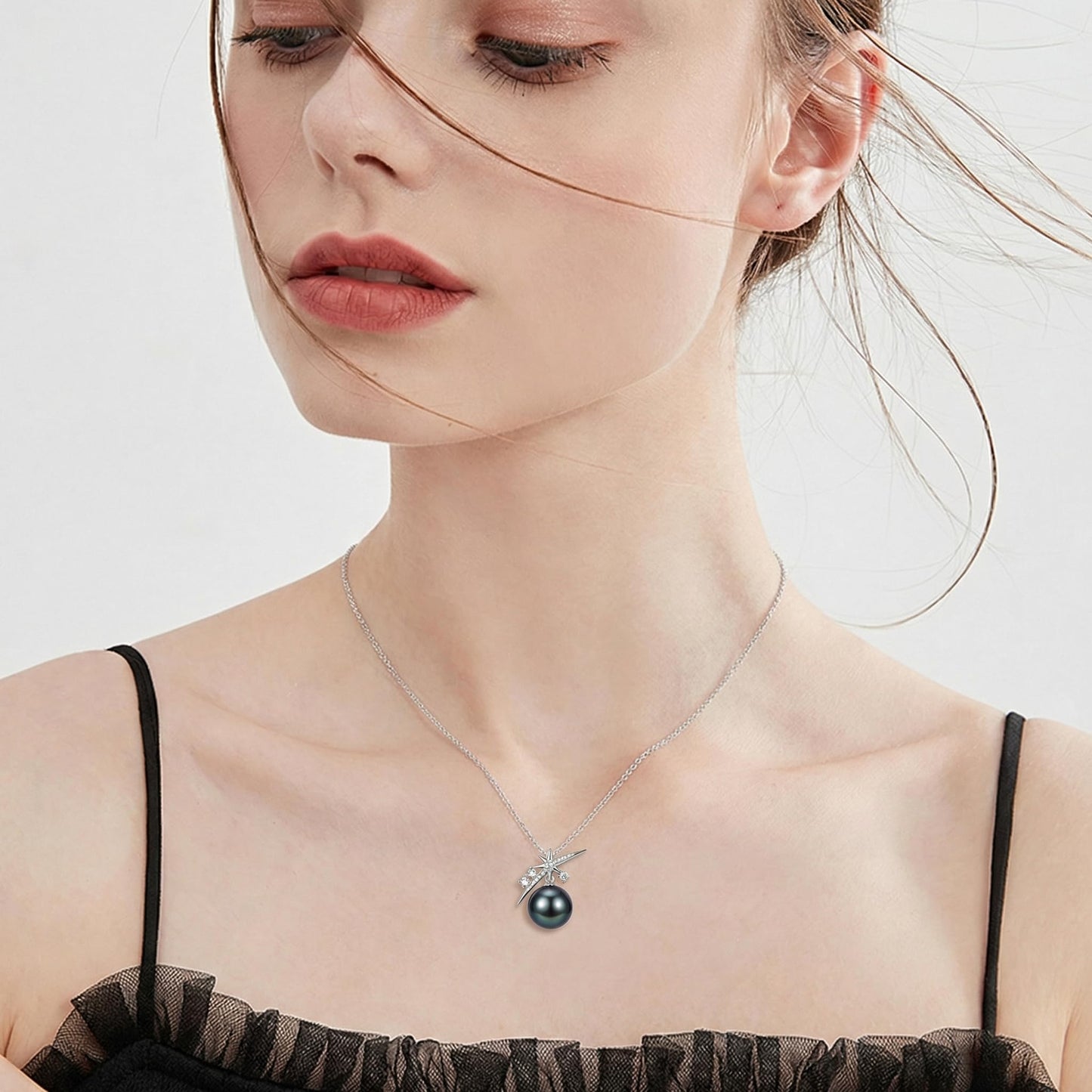 S925 Silver 9-10MM Black Pearl Necklace for Her, Tahitian Black Pearl-Moissanite Pendant,Gift for Birthday Anniversary Valentine's Jewelry-Wife Mom Girlfriend Mother's Day, Gifts for Mom