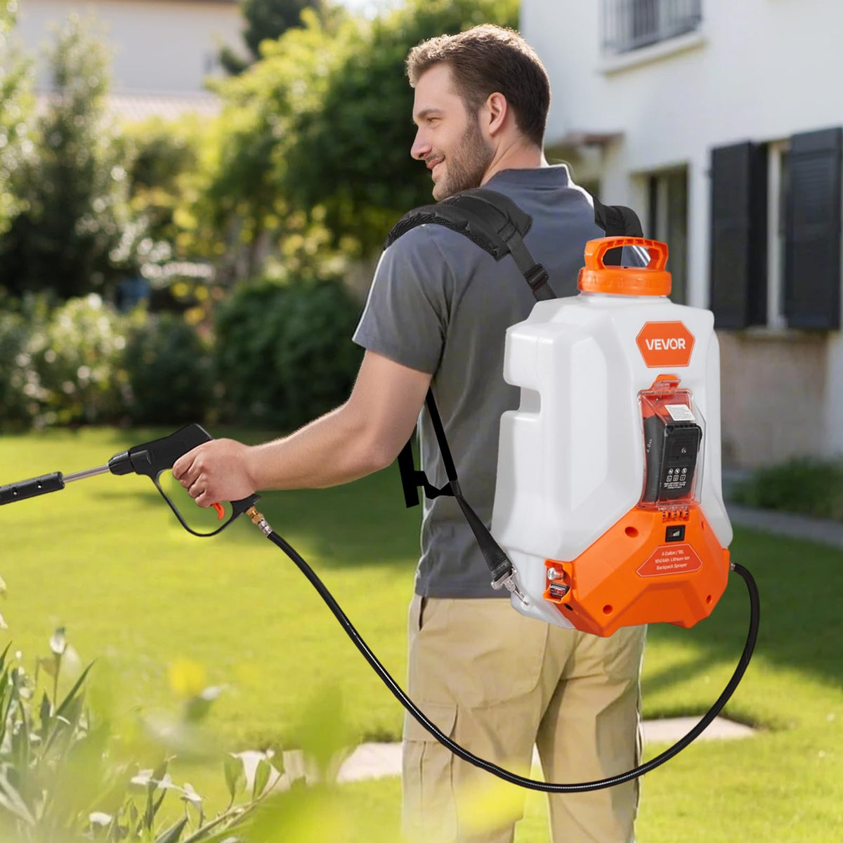 VEVOR Battery Powered Backpack Sprayer, Electric Back Pack Sprayer 4 Gallon, 2 Wands & 8 Nozzles, Adjustable 0-90 PSI, 4H Runtime, Portable Lawn & Garden Sprayers for Weeding, Spraying, Cleaning
