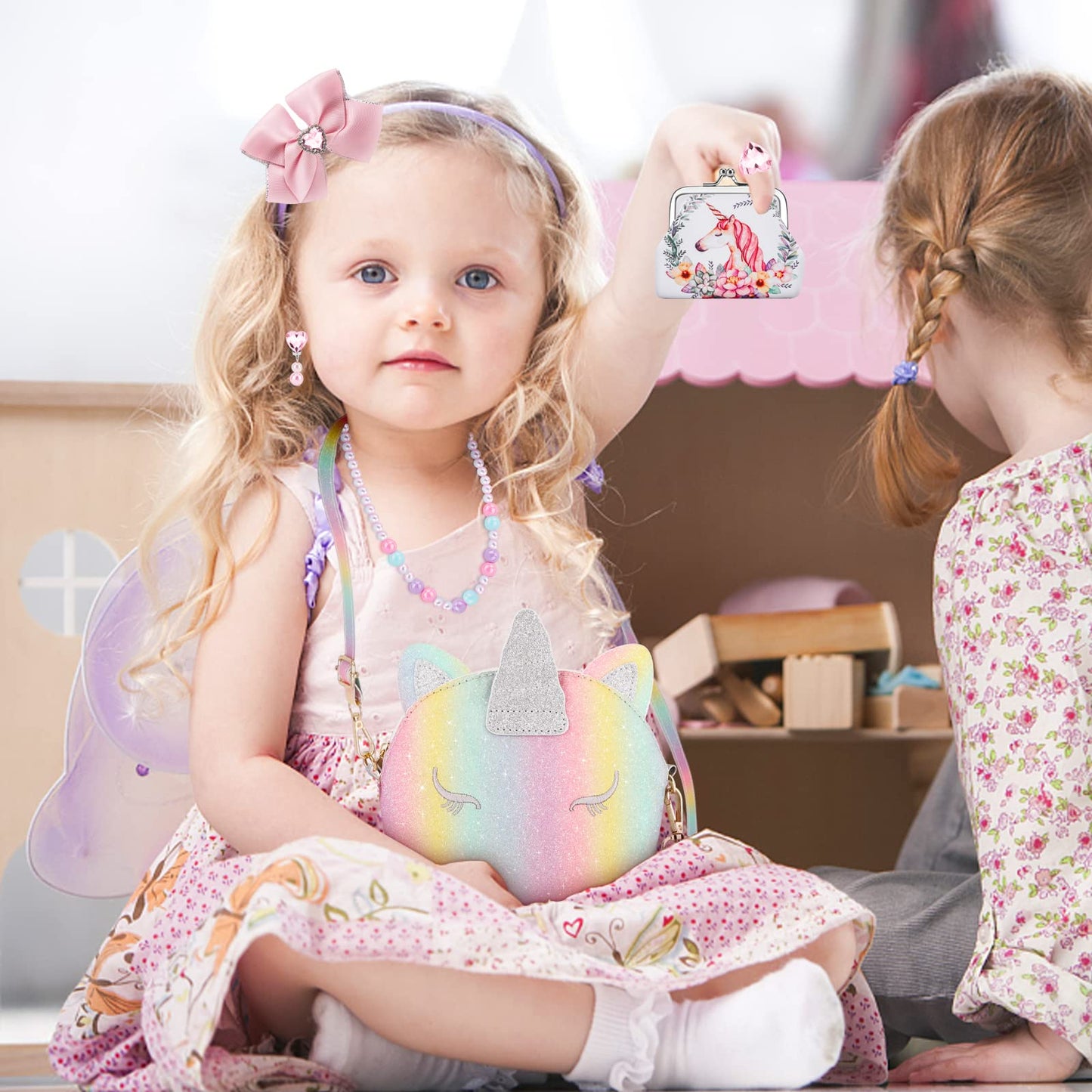 JYPS monedero unicornio para niñas, 7 monederos lindos para niños, bolsos cruzados con juego de joyas para niños, regalos de cumpleaños, juguetes de unicornio.