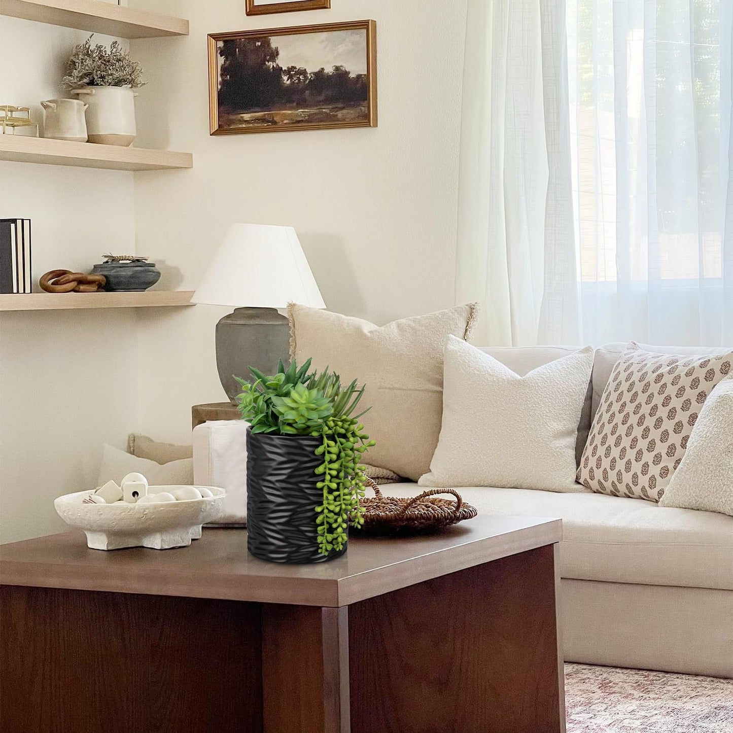 Hollyone Artificial Succulents in Pots Faux Succulents Plants Fake Succulent Arrangement Potted Plants with Black Ceramic Vase for Office Desk Bathroom Shelf Living Room Indoor Home Decor Large
