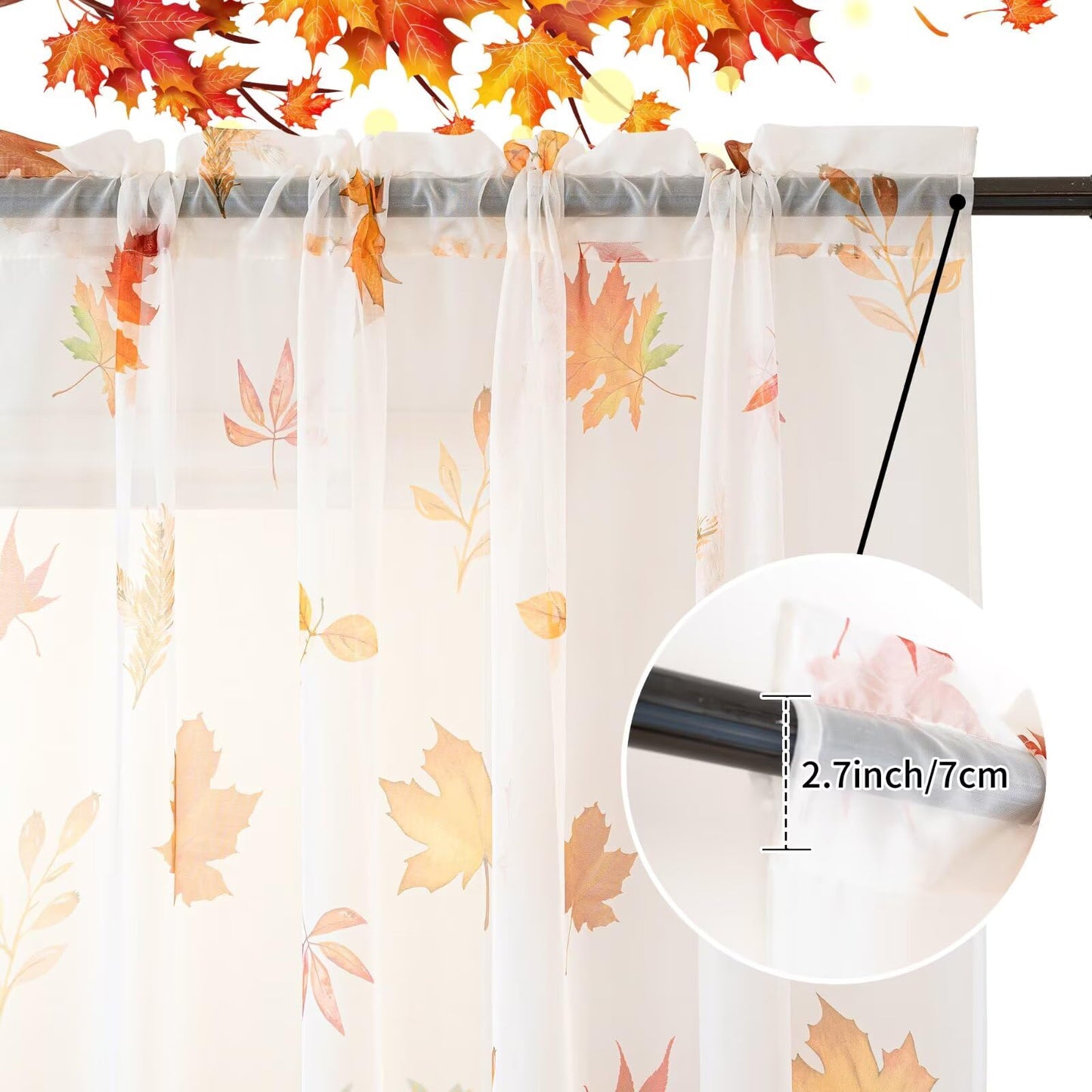 youleyar Fall Sheer Curtains for Living Room 84 Inches Long 2 Panels Orange Semi-Sheer Curtain with Maple Leaves Printed Pattern Fall Rod Pocket Voile Drapes for Bedroom, 52" W x 84" L