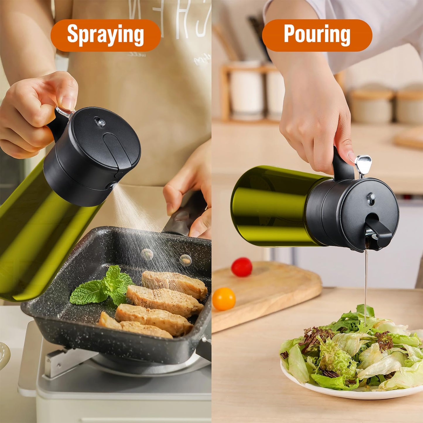 Glass Olive Oil Dispenser for Kitchen, 2 In 1 Oil Dispenser Bottle & Oil Sprayer for Cooking, Auto Flip Cap, 18oz Black (Light Blockage)