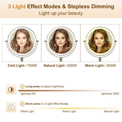 9" Wall Mounted Lighted Makeup Mirror,4000mAh Rechargeable Double Sided 1X/10X Magnifying Mirror with Light,Touch Dimmable,Extended Arm 360 Rotation Wall Mounted Makeup Mirror 3 Color Lights-Black