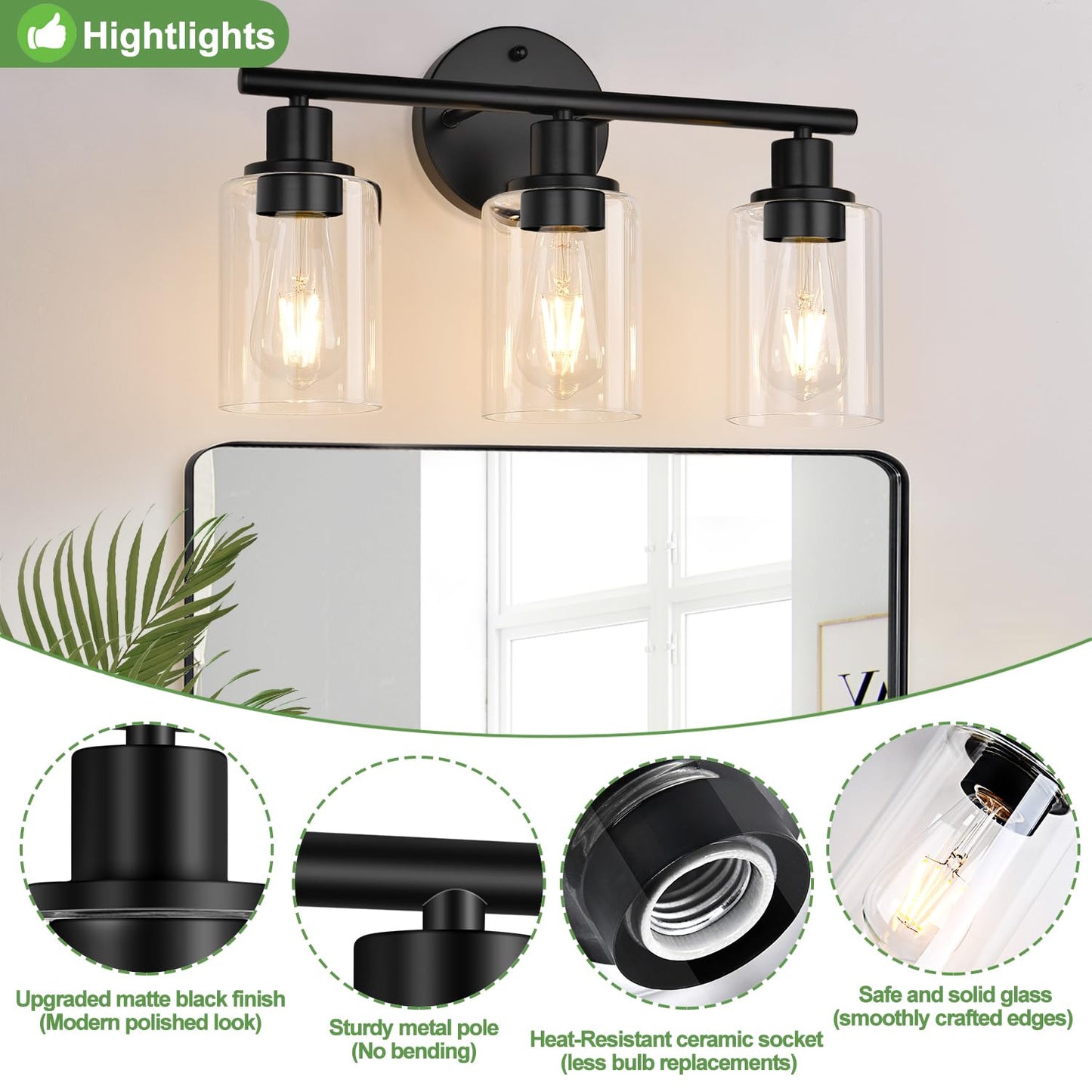 ZASTION 3-Light Bathroom Light Fixtures, Black Bathroom Wall Lights, Modern Bathroom Vanity Light with Clear Glass Shade, Bathroom Wall Lamp for Mirror Kitchen Bedroom Living Room