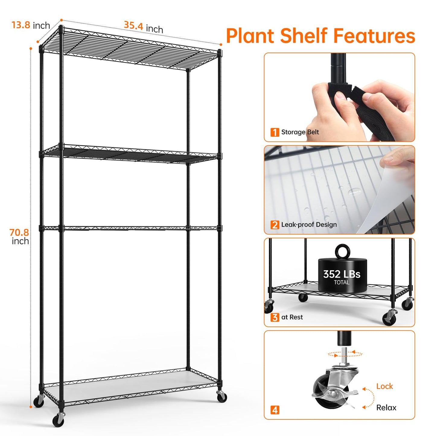 Bstrip Plant Shelf with Grow Light, Tall Grow Light Shelf, Plant Stand with 6 Pack 90W Full Spectrum Plant Lights for Indoor Plants, Seed Starting, Seed Tray, 35.4" Lx13.8 Wx70.8 H