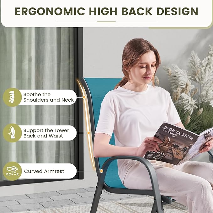 UDPATIO Patio Chairs Set of 8, Stackable Outdoor Dining Chairs with High Back, Breathable Textilene Fabric Outdoor Chair All Weather, 350LBS Capacity for Garden, Backyard (Light Blue)