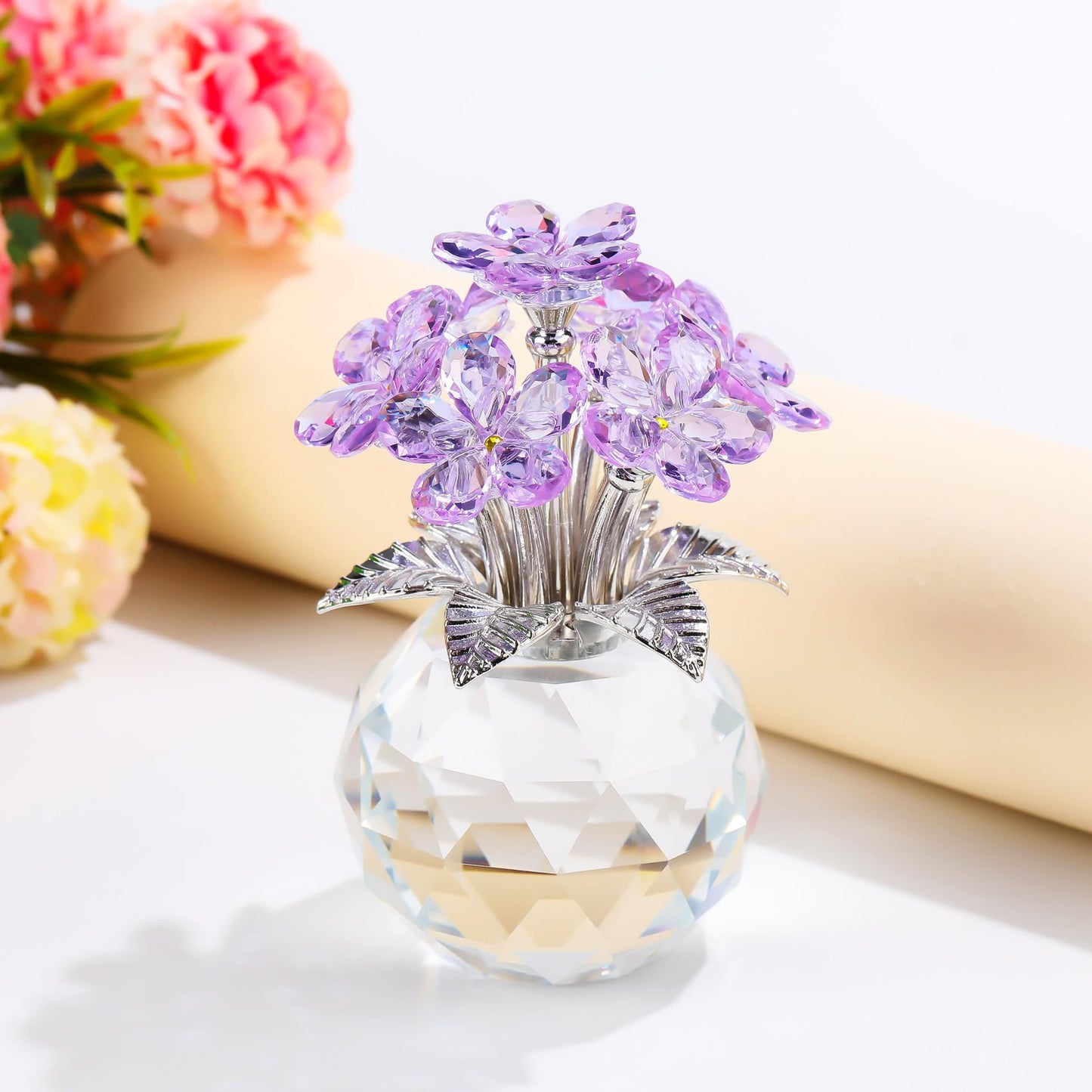 YWHL Purple Crystal Forget Me Not Flower Gifts for Women, Crystal Glass Figurines Home Decor, Handmade Collectible Figurine Ornaments for Tabletop Centerpieces