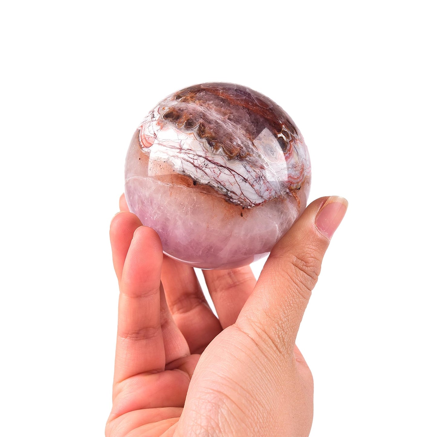 JIC Gem Amethyst Agate Crystal Ball with Wooden Stand Pink Healing Crystal Sphere Ball for Feng Shui Decor Spiritual Gifts 60-70mm