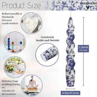 Short Taper Candle Blue and White Porcelain Candles Floral Print Spiral Candlesticks 7.5 Inch Handmade Candle Sticks for Home Wedding Party Decor Gifts Set of 2
