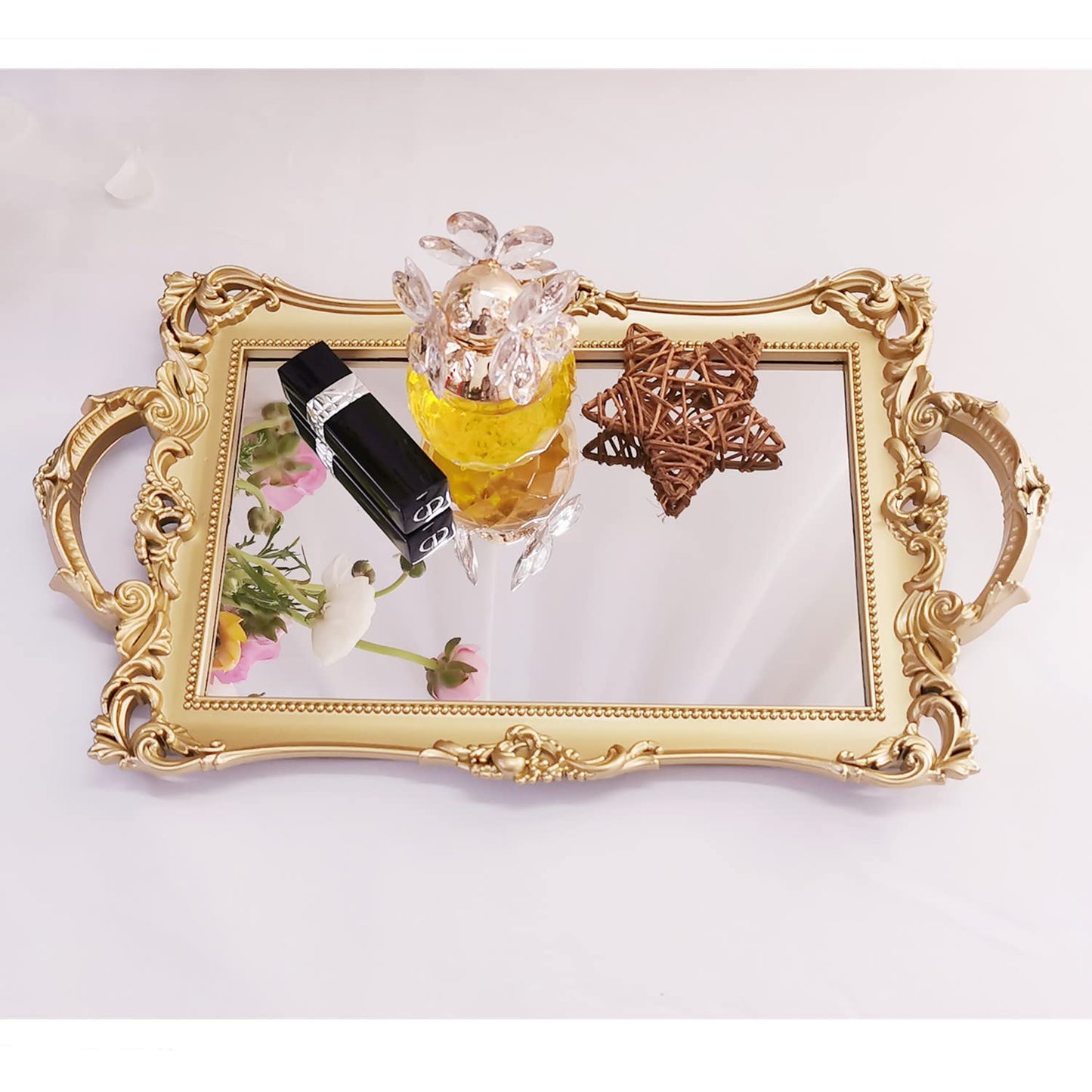 Yamfurga Small Rectangle Decorative Mirror Tray, French Style, Makeup Organizer, Jewelry Organizer, Serving Tray, 13"x 7.8", Gold