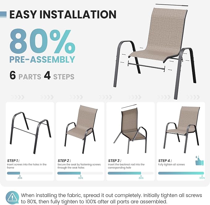 Patio Dining Chairs Set of 4, Stackable Dining Chairs High Back, Breathable Seat Fabric and Alloy Steel Frame for Backyard, Porch, Garden, Sunroom (Light Brown)