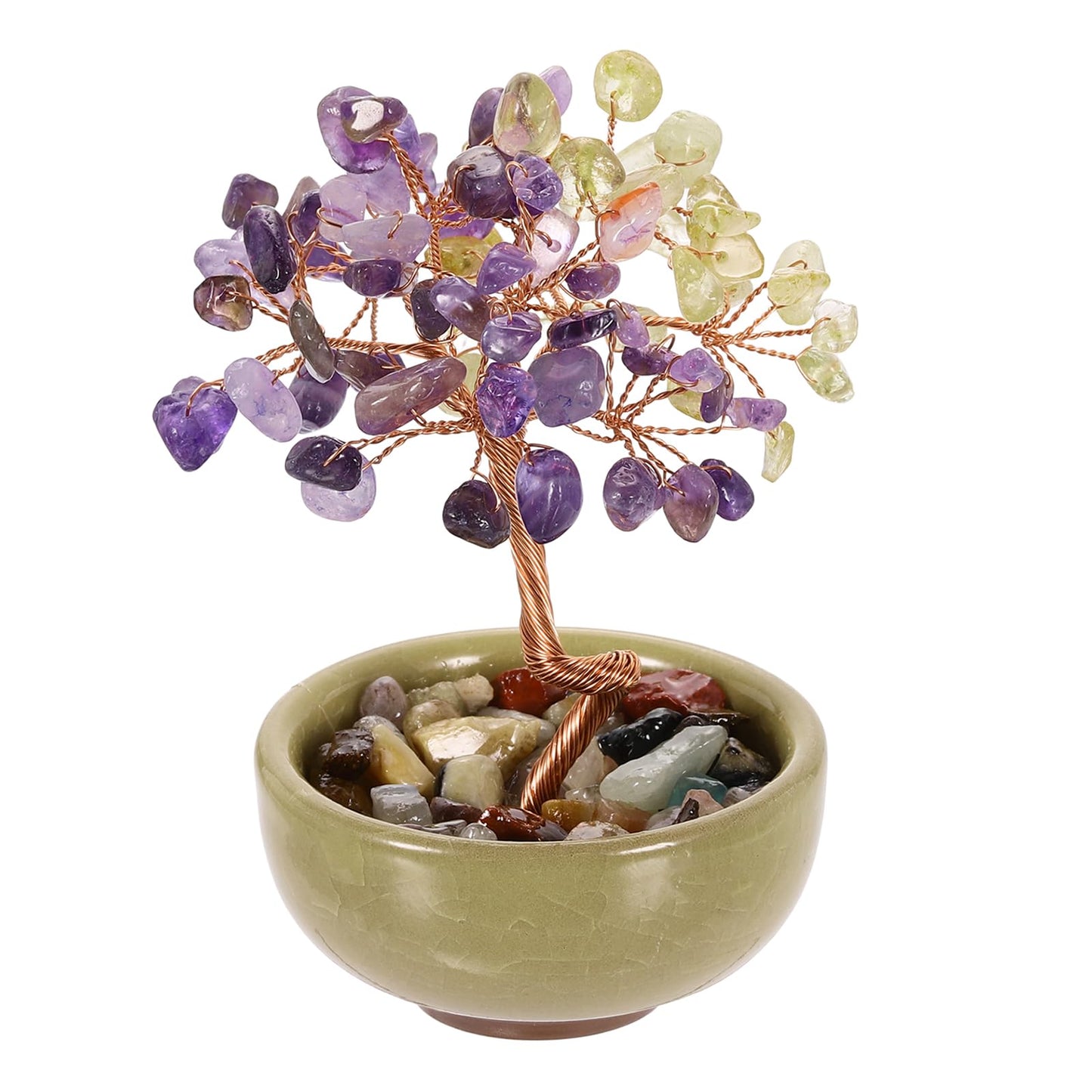 MECCANIXITY 7 Chakra Crystal Tree of Life, Natural Amethyst & Citrine Gemstone Tree Handmade Feng Shui Bonsai with Agate Base for Positive Energy, Good Luck, Home Decor (4 x 2.4 Inch)