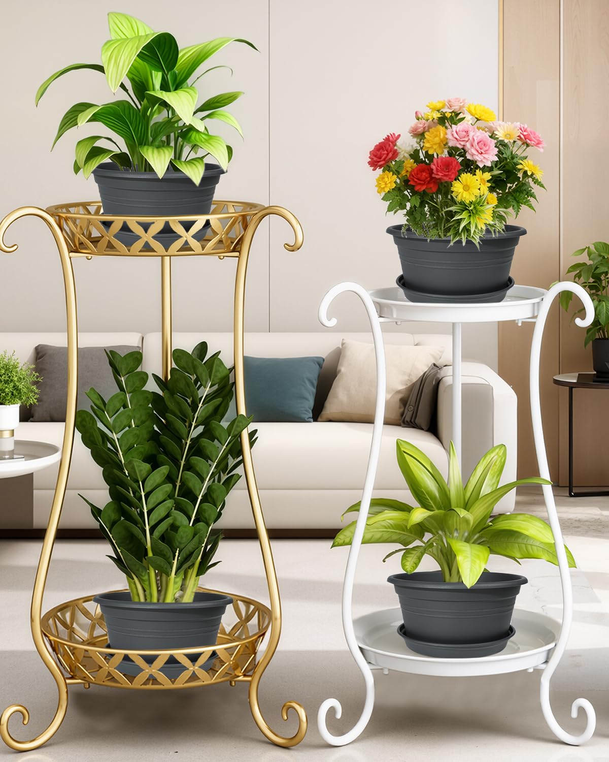 VIDELLY 10 Inch Gray Flower Pots 4-Pack, Plastic Planters with Drainage Hole & Tray, Indoor Outdoor Plant Pots for House Plants, Garden, Patio, Office Home Decor – Modern Decorative Plant Containers