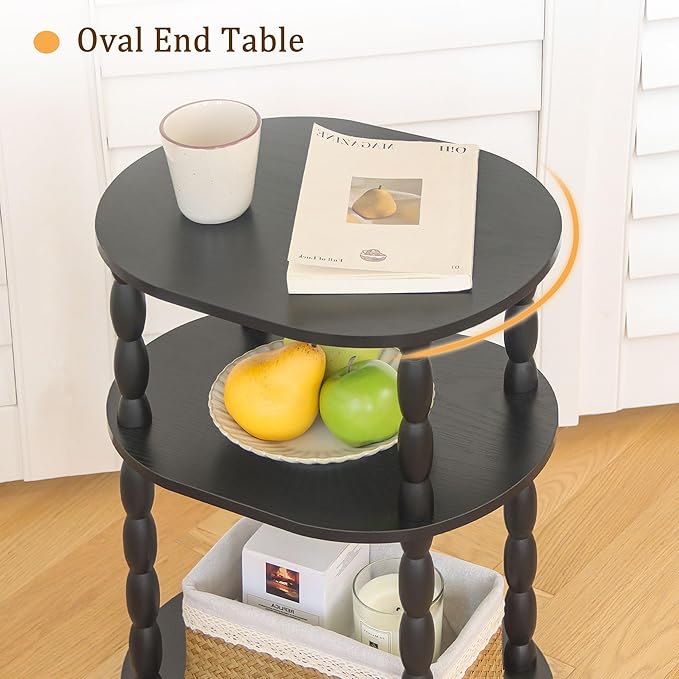 MaxSmeo Black Side Table, 3-Tier Small Oval End Table, Modern Night Stand Wood