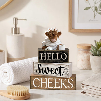Moucuny 4 Pcs Bathroom Shelf Decor Highland Cow Farmhouse Bathroom Decor and Accessories Rustic Eucalyptus Leaves Hello Sweet Cheeks Highland Cow Sign Western Table Centerpiece for Home Office Toilet