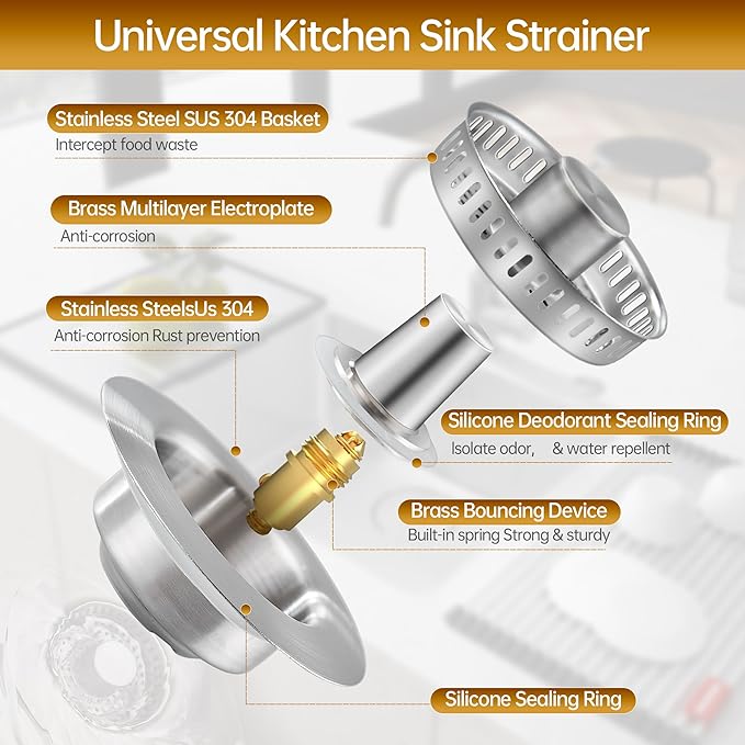 YYKBZ 3 in 1 Kitchen Sink Drain Strainer， Stainless Steel Pop Up Sink Stopper，