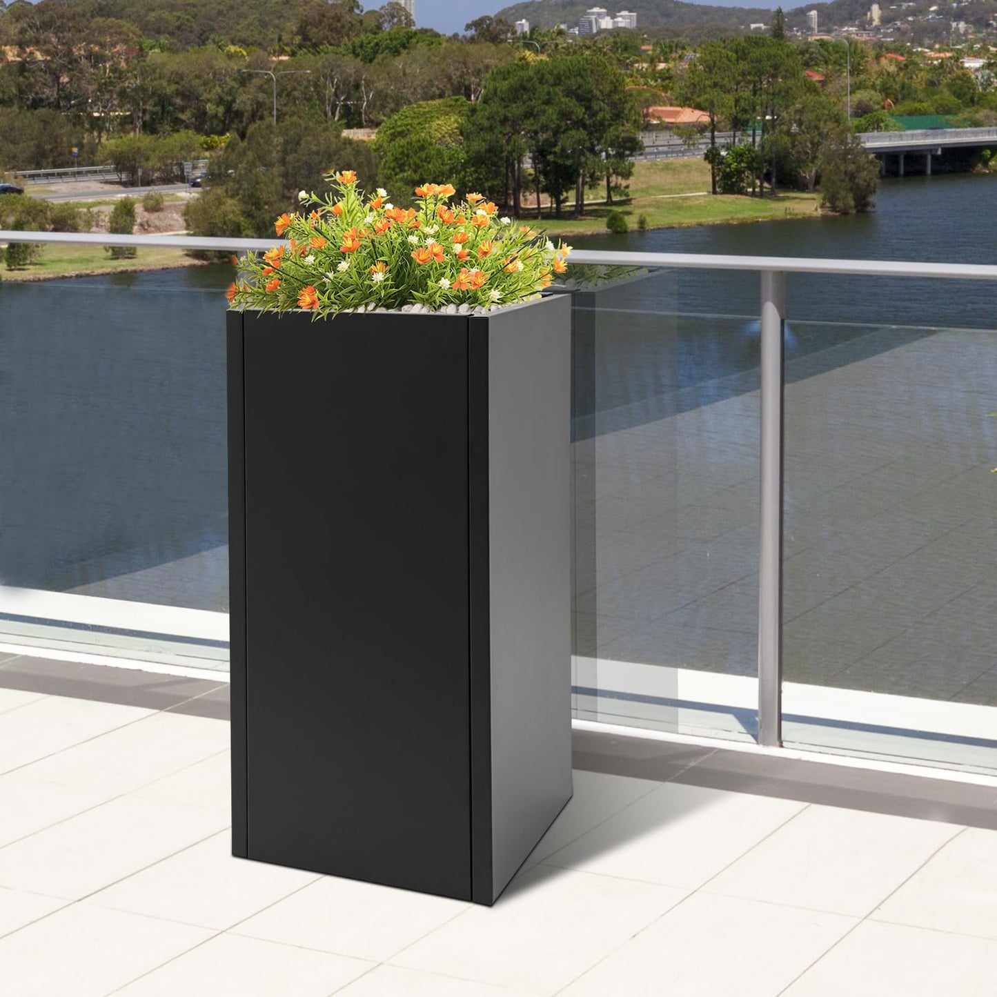 LUOSHALIYA Metallic Heavy Outdoor/Indoor Planter Box, Seamless Large Metal Planter for Tall Trees, Plants, Flowers, No Assembly Required (Black, 14 * 14 * 30 inch)