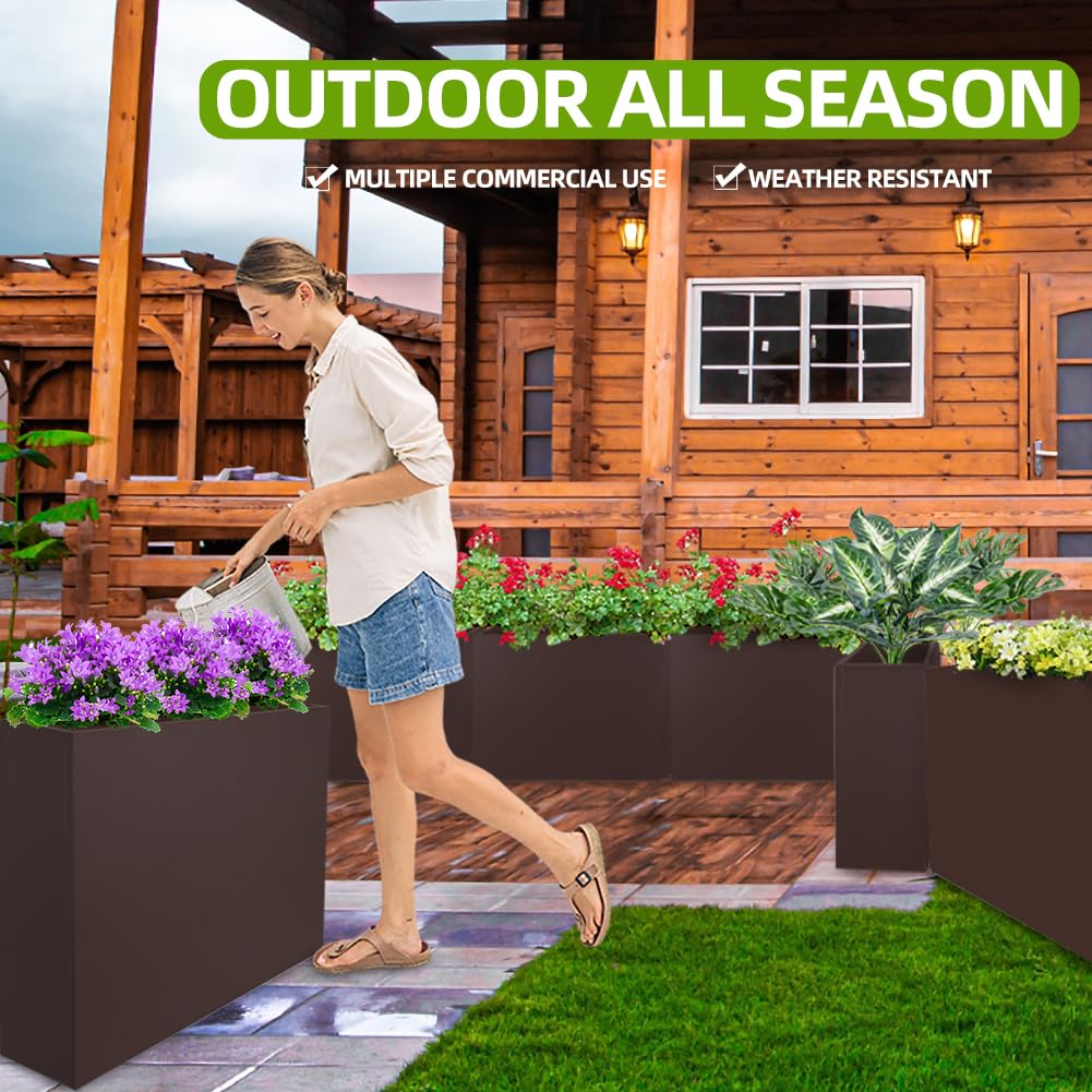 Megawodar Metal Tall Long Planter Box Large Rectangular Planter Flower Pot with Drainage Holes for Indoor Outdoor Deck Porch Garden Home Patio Front Door (Espresso, M)