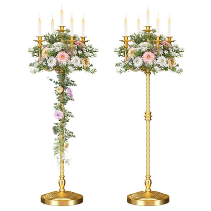 mopam 2 Pcs Floor Candelabra 50 Inch Gold Candelabra Centerpiece 5 Arms Floor Standing Candelabra Gold Candlestick Holder Antique Candle Holder Decorative for Party, Ceremony, Wedding (Line Styling)