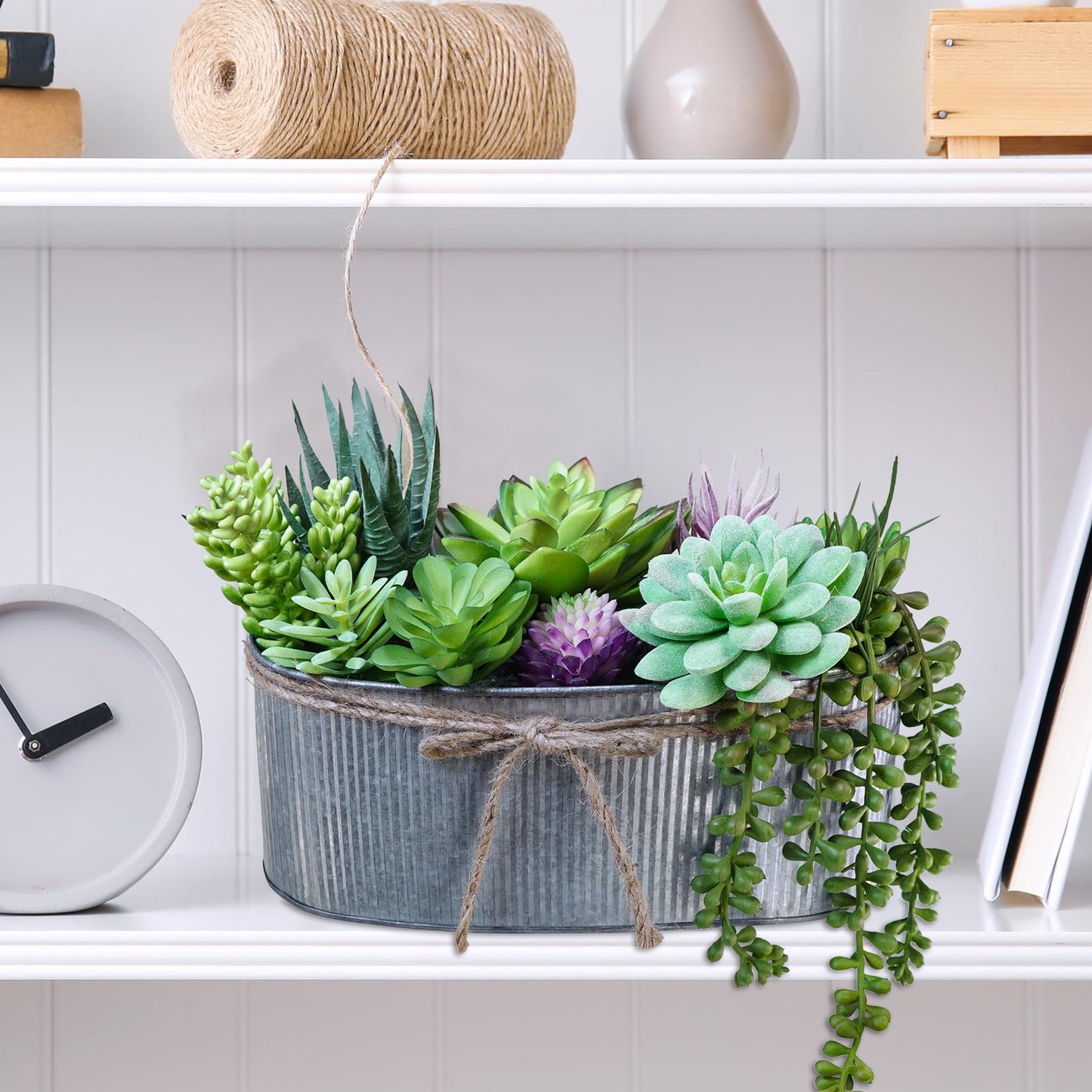 Winlyn 10" Artificial Succulent Arrangement Centerpiece Fake Succulent Plants in Rustic Metal Oval Planter Faux Potted Succulents for Home Office Bedroom Table Windowsill Shelf Mantel Decor