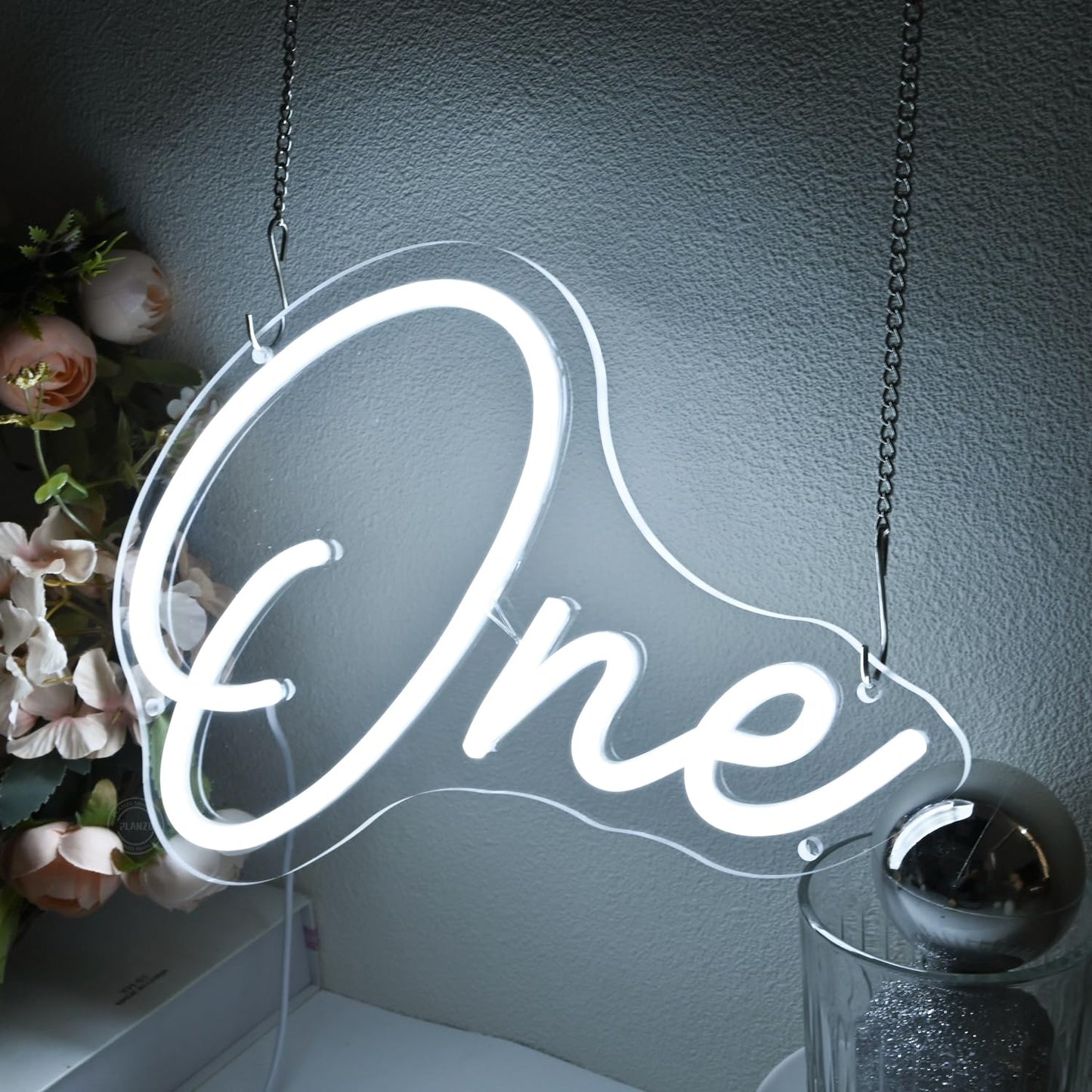 Planzo One Led Neon Sign Light 1th One Year Old Birthday Baby Cave Backdrop Bedroom Wall Sign Decor Banner Wedding Party Decor Gifts USB 11.81"x8.66" Cold White