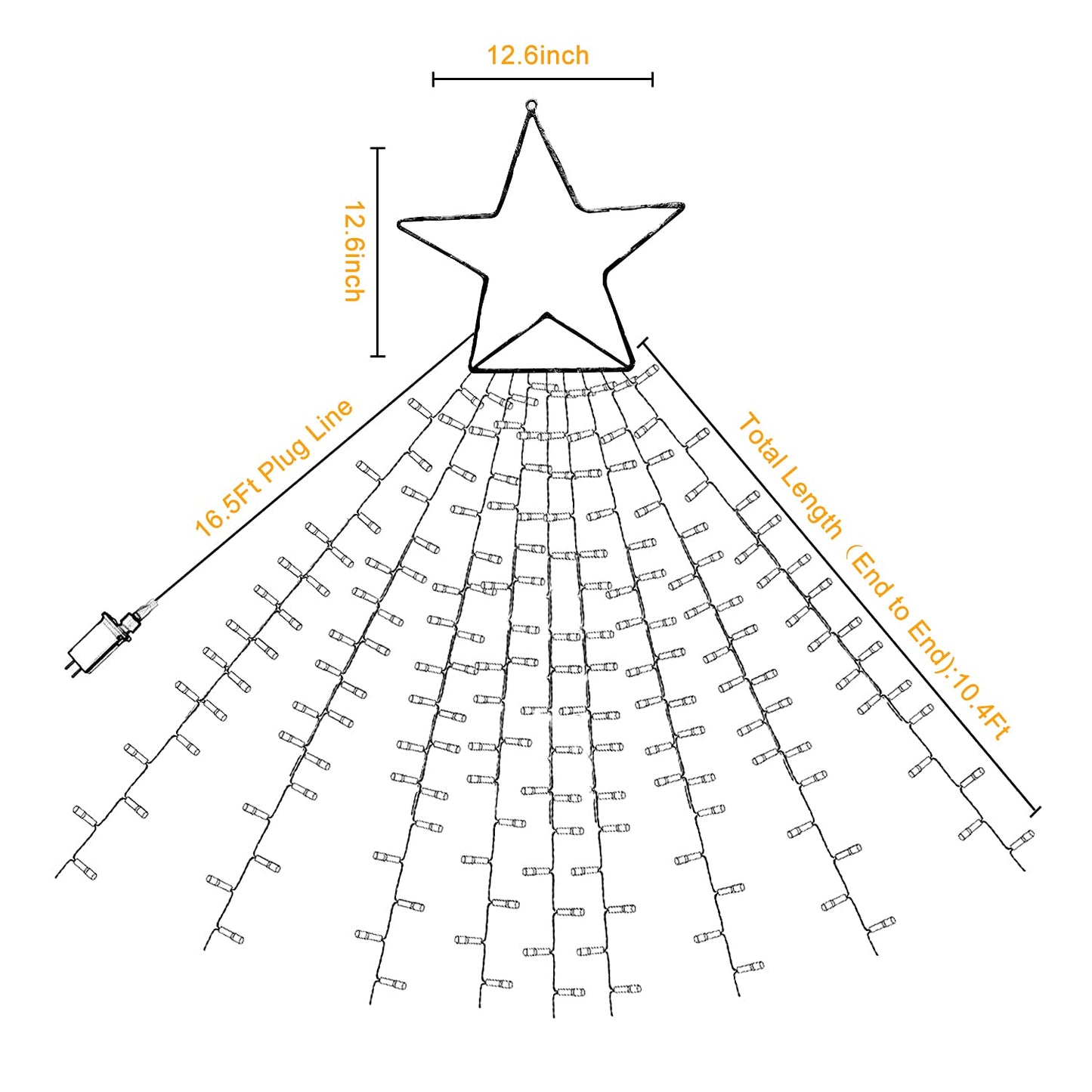 MINIAO Christmas Decorations Star String Lights, 320 LED Waterfall Tree Lights with 13" Topper Star 8 Lighting Modes Indoor Outdoor Decorative for New Year, Holiday, Wedding, Party
