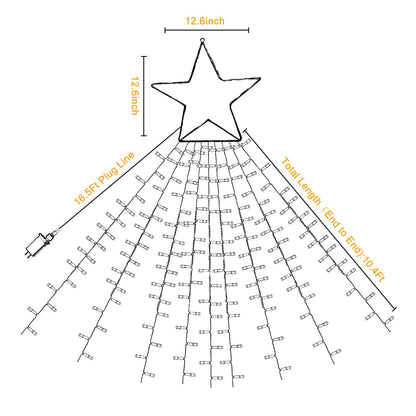 MINIAO Christmas Decorations Star String Lights, 320 LED Waterfall Tree Lights with 13" Topper Star 8 Lighting Modes Indoor Outdoor Decorative for New Year, Holiday, Wedding, Party