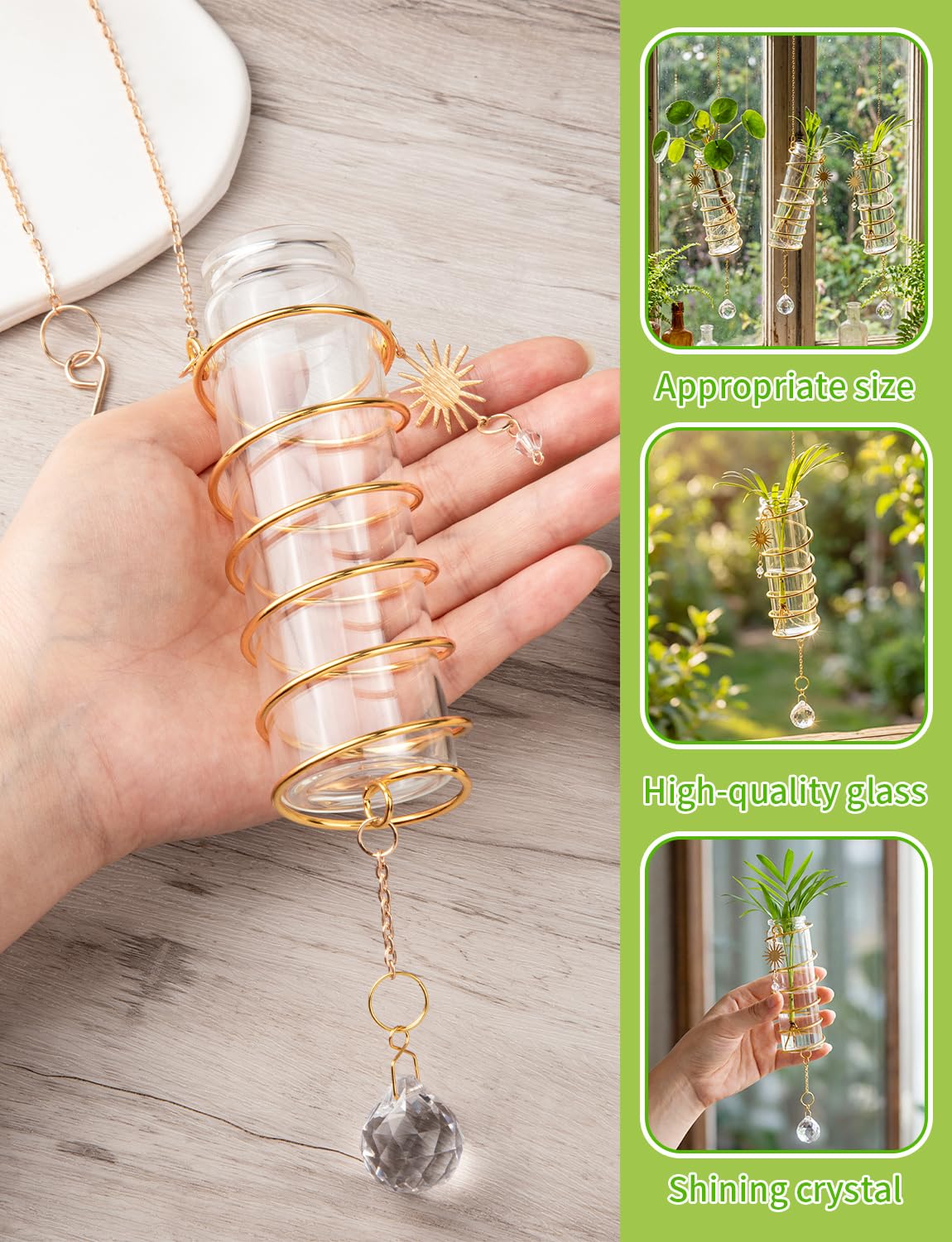 3 Pack Hanging Propagation Station with Crystal Sunshine Catcher Glass Window Propagation Tubes Vases with Gold Metal Chain for Indoor Hydroponics Plants Home Decor